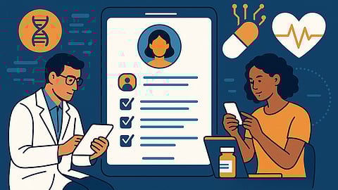 Clinician and patient using digital tools in a modern clinical trial setting