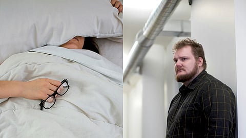 Left image - A person sleeping with specs in hand, Right image - A obese person with a worried face.