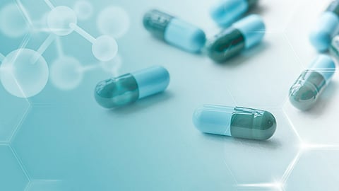 Medicine capsules global health with geometric pattern digital remix