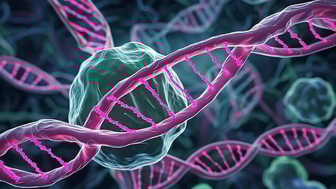 A digital illustration of DNA strands, surrounded by cells, representing genetic structures.