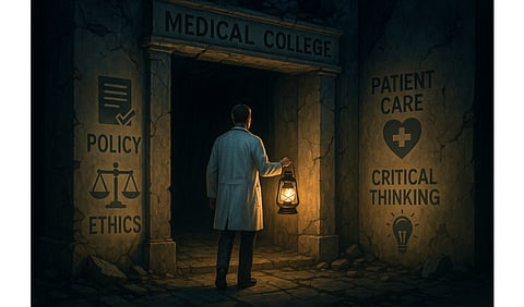 A lone doctor walking into a dark, crumbling building labeled “Medical College”, lantern that casts a hopeful glow.
