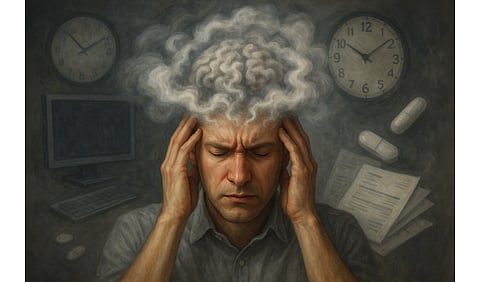 A person holding their head with both hands, surrounded by a cloudy, swirling fog around the brain area.