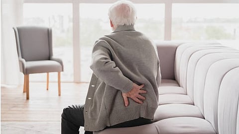 An image of an old man from the back sitting on a couch looking at a window. 