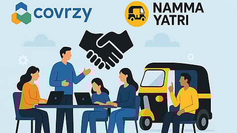 Covrzy workers sitting along with Namma Yatri auto driver showing collaboration between the two.