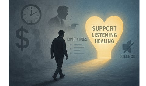 A lone man walking through a mental fog or grey mist, with faint, blurry shadows of stressors around him.