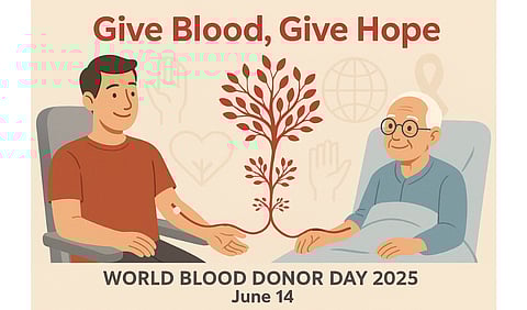 A donor and recipient connected by a glowing red line turns into a heart into a blooming tree.