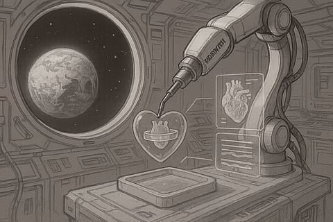 A futuristic space lab inside the ISS with Earth visible through a round window.