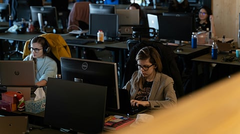 A room full of employees working on computers in an IT company.