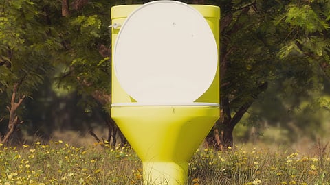 A bright yellow toilet stands in a field of flowers, surrounded by lush green trees.