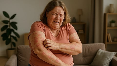 A woman itches her arms, which are affected by a skin condition, in a living room.