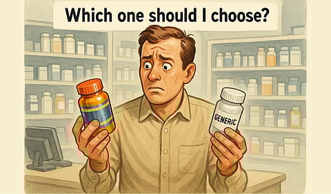 A person at the counter holding two pill bottles branded & generic, looking confused.