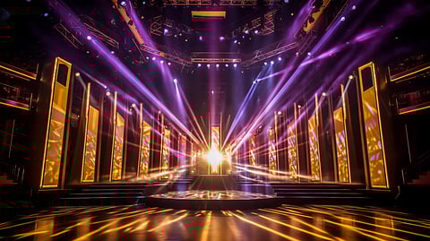 A brightly lit stage of an award show is illuminated by colorful lights, creating a vibrant atmosphere.