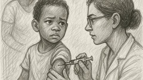 A doctor administers a malaria vaccine to a young African child in a clinical setting