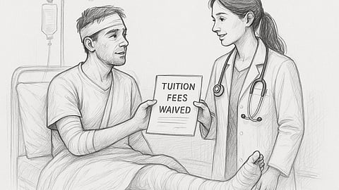 A doctor hands a tuition fee waiver board to a patient in bed, symbolizing support and relief from financial burdens