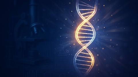 The image shows a glowing double helix representing medical discovery.