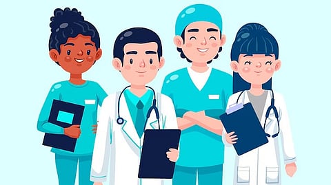 The cartoon is showing team of health care professional doctors, medical assistant and nurse.