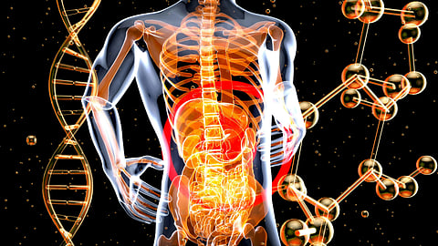 A golden and black colored illustration of human body with DNA helix and other compound structure in background.