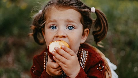 A little girl sitting in the grass, happily eating a red apple, enjoying a sunny day outdoors.
