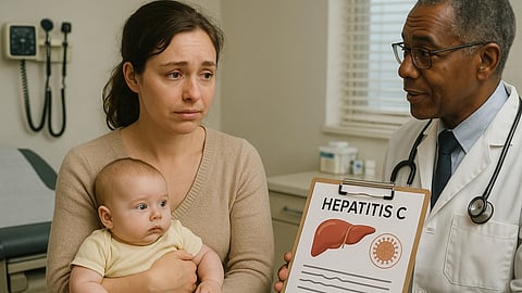 A doctor explaining hepatitis C to a concerned mother holding her baby during a medical consultation