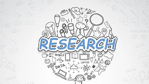 Doodle icons representing research concepts on a white background, illustrating various ideas in a creative style.