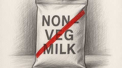 A milk packet is placed on a table with 'non-veg milk' written on it and a red line cancelling the packet.