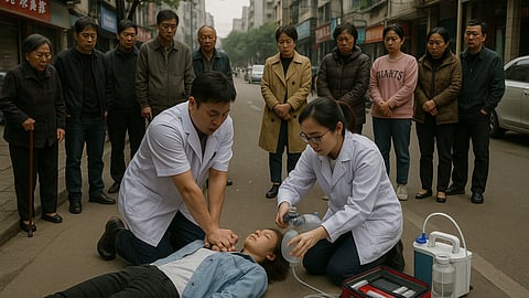 A man and a female doctor are performing CPR on a collapsed woman, surrounded by a group of concerned onlookers.