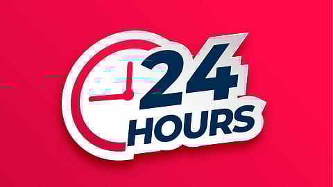 A red logo showing 24 hours indicating services available throughout.