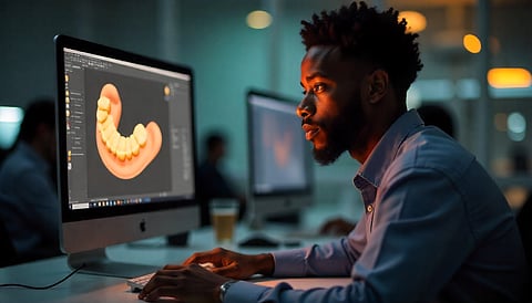 A man works on a 3D dental model displayed on a computer.