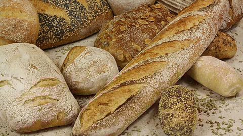 A collection of breads of different sizes and shapes on a cotton sheet.