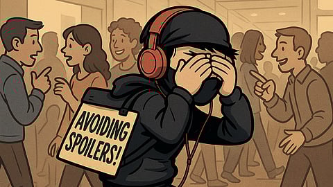 A stealthy ‘spoiler avoider’ character creeping through a crowded place.