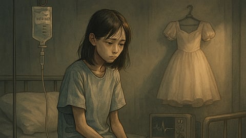 The image shows a sad girl wearing a medical gown with an IV drip beside her.