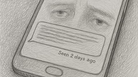 Close-up sketch of a phone screen showing a long message with the word ‘Seen 2 days ago’ underneath.
