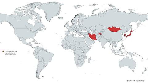 The image of world map with Mongolia, Japan, South Korea, Iran, and Tajikistan highlighted in red.