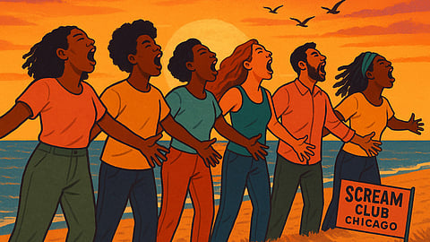 Illustration of a diverse group of people standing along Beach with their mouths wide open mid-scream