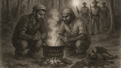 Sketch of two men cooking over an open fire in a forest clearing, with bat carcasses beside