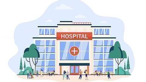 A colorful illustration of a hospital with few people in front. 