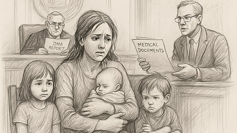 Sketch of a distressed young woman sitting in a courtroom, clutching her baby with two other children.