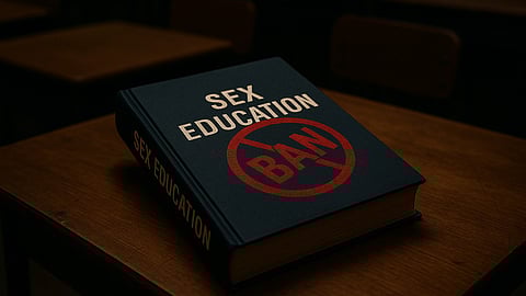 A book titled "Sex Education Ban" rests on a desk, highlighting the topic of restricted educational materials.