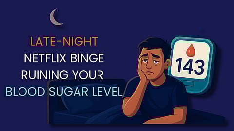 illustration of a person sitting on a bed in sleepy eyes during nighttime, and a glucometer showing 148.