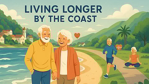 Info graphic of elderly individuals living well in coastal region.