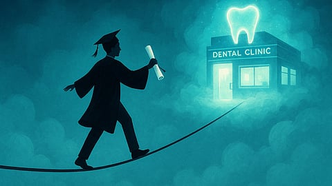 Illustration of a dental graduate in a cap and gown holding a degree, cautiously walking on a tightrope toward a glowing dental clinic in the clouds.
