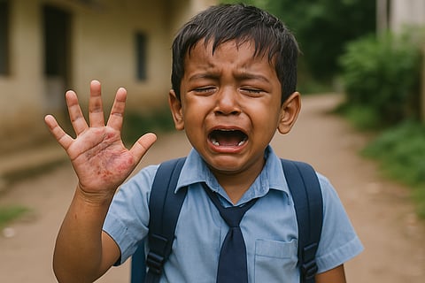 image of a small school going boy showing his burned hand and crying.