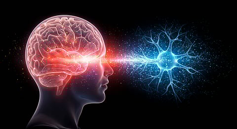 Illustration of human brain and neuron activity representing brain cell communication.