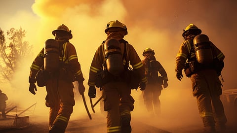 Firefighters trying to put out a wildfire.