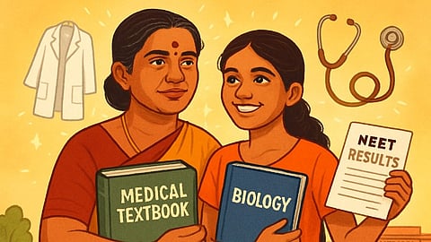 A illustration of a Tamil Nadu mother-daughter duo celebrating their NEET success. 