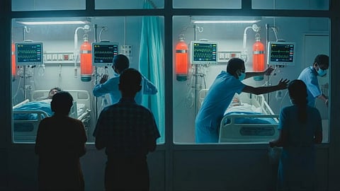This image showcasing a chaotic ICU ward, oxygen system alerts.