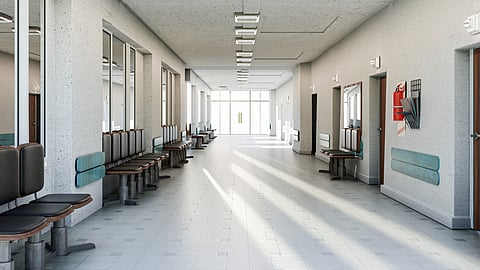 Graphic illustration of hospital hallway.