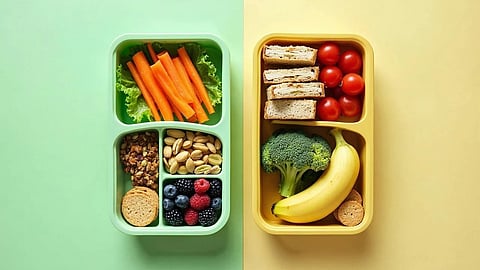 Image showing two colorful lunchboxes with healthy foods. The Left green box has Carrot sticks, granola, pistachios, berries, and crackers. The right yellow box has Sandwiches, cherry tomatoes, broccoli, a banana, and crackers