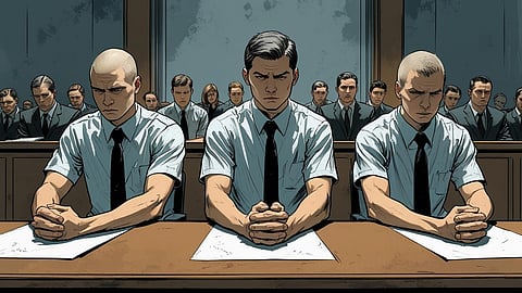Image is depicting boys in white shirts and black ties seated seriously in a courtroom.