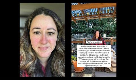 A split image showing a woman’s face on one side and a video of her on the other side, highlighting her expressions.